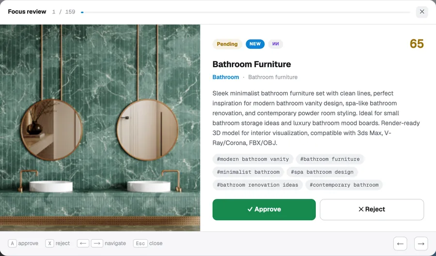 Focus review: one model with its AI-written pin copy, approve or reject