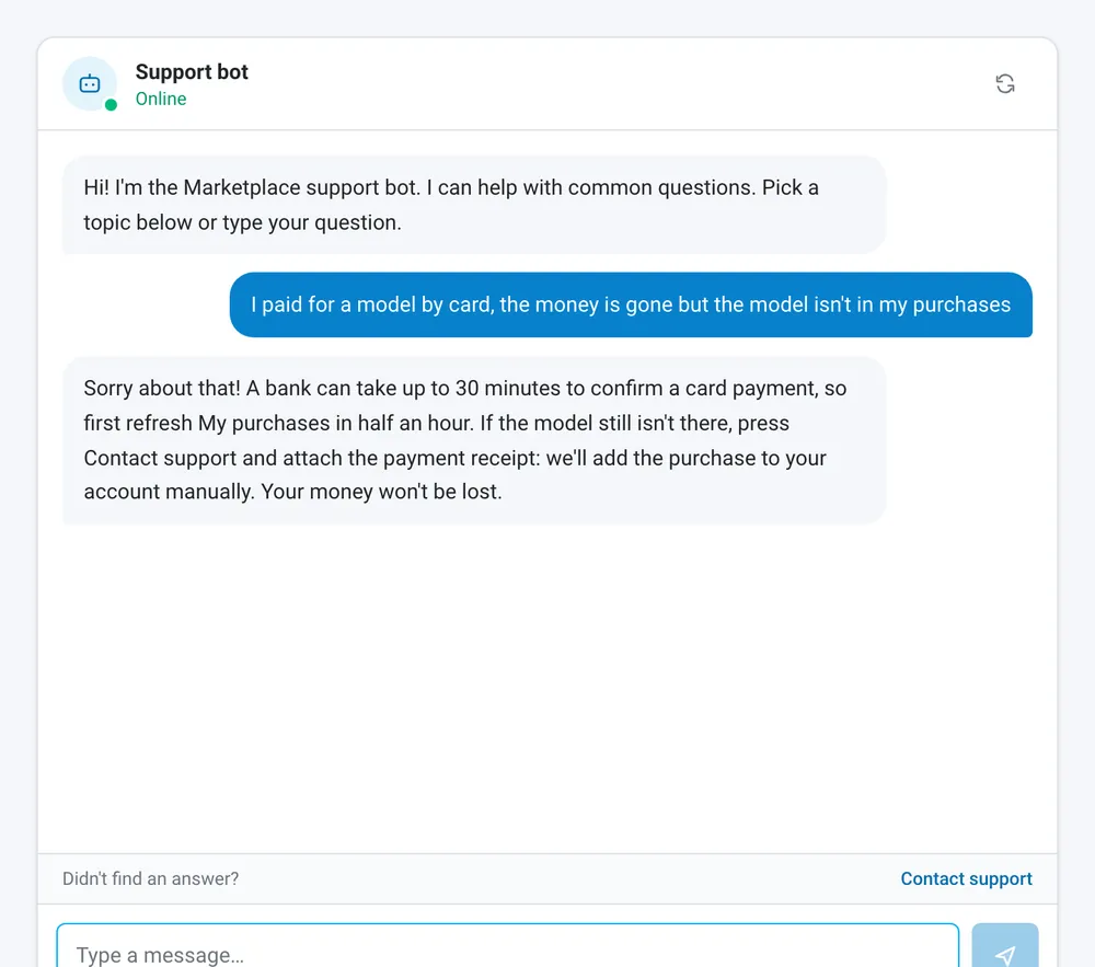 The support bot answering a customer in the site chat